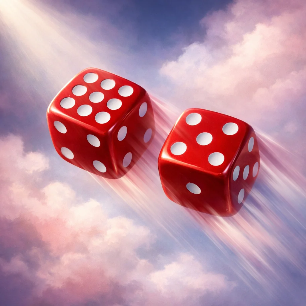 Dobbelstenen zweven in een pastelkleurige wolkenlucht